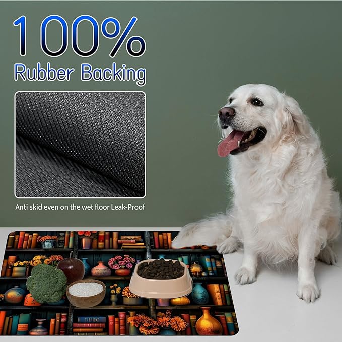Dog Food Mat, 19.6" x 23.6" Absorbent Pet Feeding Mat for Food and Water, Waterproof Diatom Mud Pet Placemat with Non-Slip Rubber Backing, Easy Clean Cat Bowl Mat for Floors - Library Books