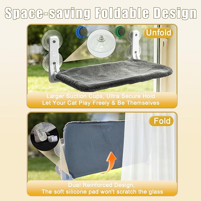Cat Window Perch Hammock - Foldable Cordless with 4 Suction Cups for Indoor Cats, Space Saving Design,Reversible Cover with Two Different Kinds of Fabrics,40Lbs Load Capacity (60CM)