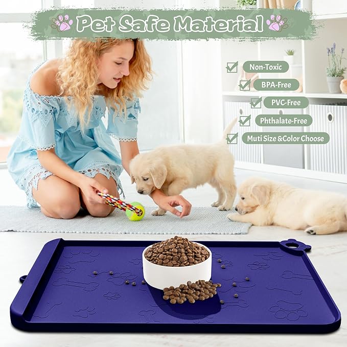 Dog Food Mat, Silicone Dog Mat for Food and Water -Pet Feeding Mats with Residue Collection Pocket, Waterproof Dog Cat Bowl Mats with Raised Edges and Hooks, Placemats for Cats and Dogs Water Bowl