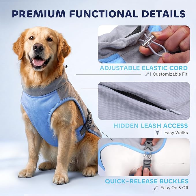 Mora Pets Dog Cooling Vest for Summer Lightweight Breathable UPF 50 Sun Protection Evaporative Cooling Adjustable Fit with Hidden Leash Access for Small Medium Large Dogs Light Gray Blue XL