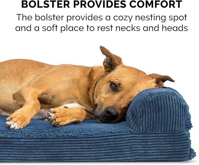 Furhaven Memory Foam Dog Bed for Large Dogs w/ Removable Bolster & Washable Cover, For Dogs UP to 125 lbs - Fleece & Corduroy Bolster Chaise - Navy, Jumbo Plus/XXL