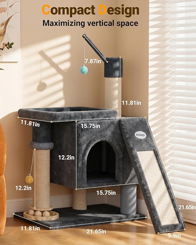 【Scratch & Playhouse】 PetDance Small Cat Tree Tower with Scratching Posts【100% Natural Sisal】, Wood Track Ball Toy & Self-Grooming Brush for Bored Indoor Cats, Onyx Gray