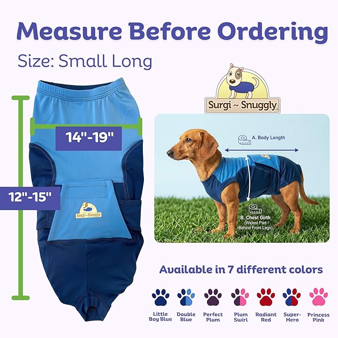 Surgi Snuggly Dog Surgery Recovery Suit - Dog Onesie for Post Surgery Recovery, Female Spay & Male Neuter - Surgical Suit for Dogs, E-Collar Cone Alternative, Double Blue - Small Long - 12" - 15" (EC)