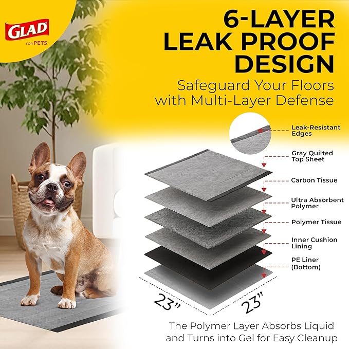 Glad for Pets Black Charcoal Puppy Pads 23x23 Inch 6-Layer Leak-Resistant Activated Carbon Odor Control Pheromone Attractant 14 Count