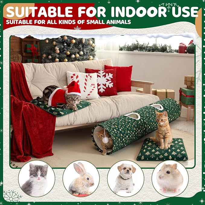 Thyle 2 Pcs Christmas Cat Tunnel for Indoor Cats & Self Warming Pet Bed, 49 ×12 Inch Green Straight Collapsible Pet Tube with Plush Inside Include Balls Peek Hole Xmas Tree Snowflakes Self Heating Mat