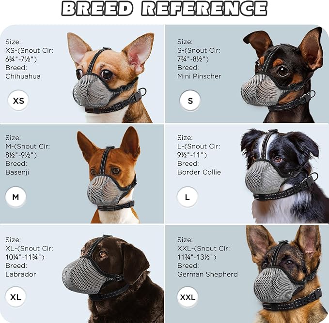 Dog Muzzle,Mesh Soft Muzzle for Small Medium Large Sized Dogs, Breathable Reflective Adjustable Puppy Muzzles with Collar for Scavenging Grooming Biting Chewing,Allows Panting and Drinking(Grey M)