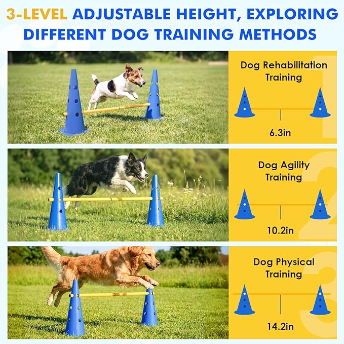 Wdmiya Dog Agility Course Backyard Set with Height Adjustable Crossbar, Dog Agility Training Hurdle Cone Set, 18.9" Dog Agility Equipment for Rehabilitation, Obedience, Starter - 6 Poles & 12 Cones