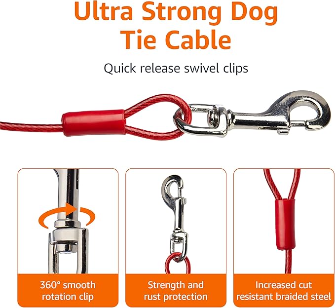 Amazon Basics Tie-Out Cable For Large Dogs, 30 Feet Long, Rust-Resistant, Durable Metal Clips, Up to 125 Pounds, Red