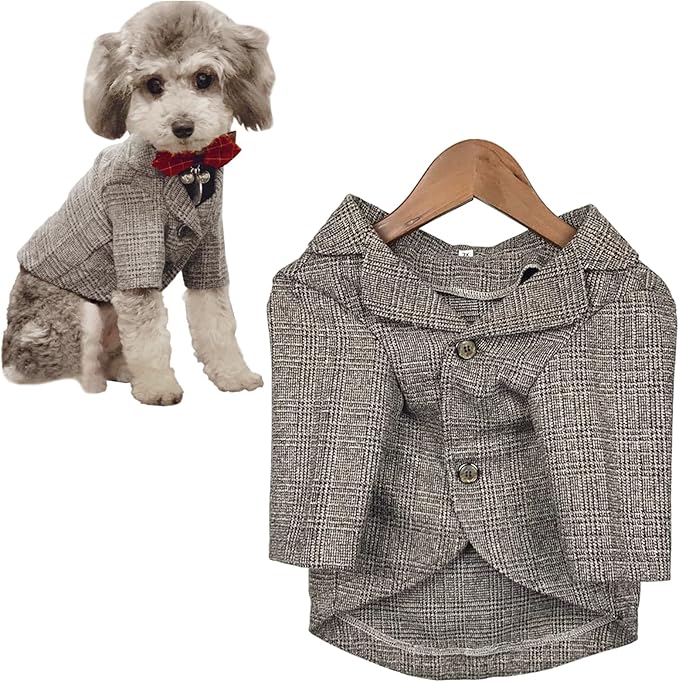 Dog Clothes Pet Plaid Suit Dog Tuxedo Costumes, Formal Gentleman Apparel Vest, Wedding Party Birthday Wear French Bulldog Pug Teddy Terrier (L, Brown Coat)