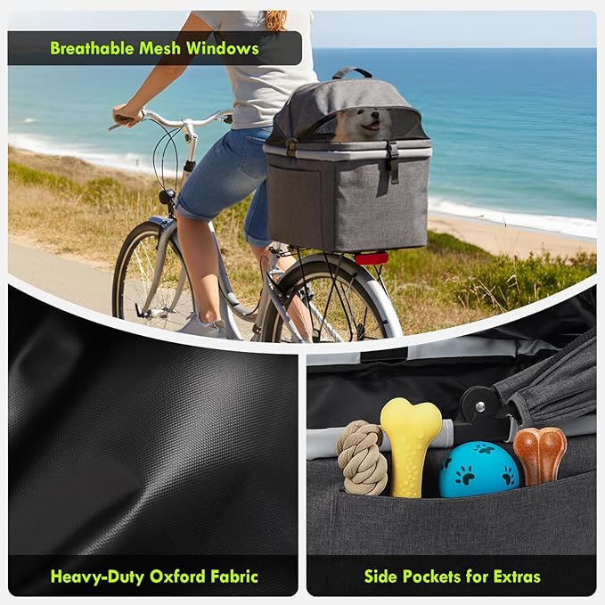 Foldable Dog Rear Bike Basket Supports Up to 22 lbs with Metal Frame, PE Support Plate, Quick-Install Mount for 3.54-4.72 inch Diameter Tubes, Mesh Window, Soft Cushion & Reflective Strips