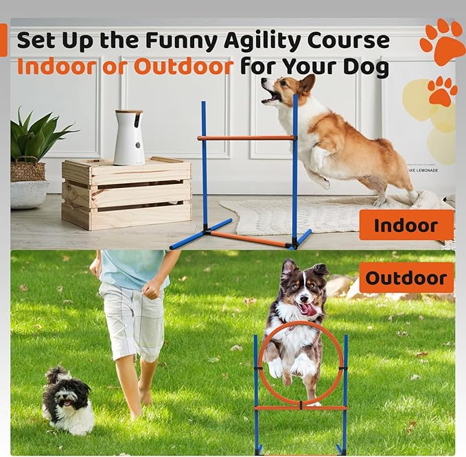 Sedeke 4 Sets Pets Agility Training Equipment - Adjustable Dog Hoop, Jump, Weave & Blind Poles, Pause Box for Outdoor Obstacle Course