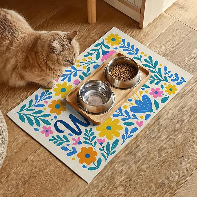 HOMETITUTE Daisy Flower Pet Food Mat 20" x 12" Welcome Sign Pet Feeding Mat Non Slip Mats for Dog Food and Water Bowls Easy Clean Fast Dry Placemat for Cat Food Mats for Indoor Trendy Pet Accessories