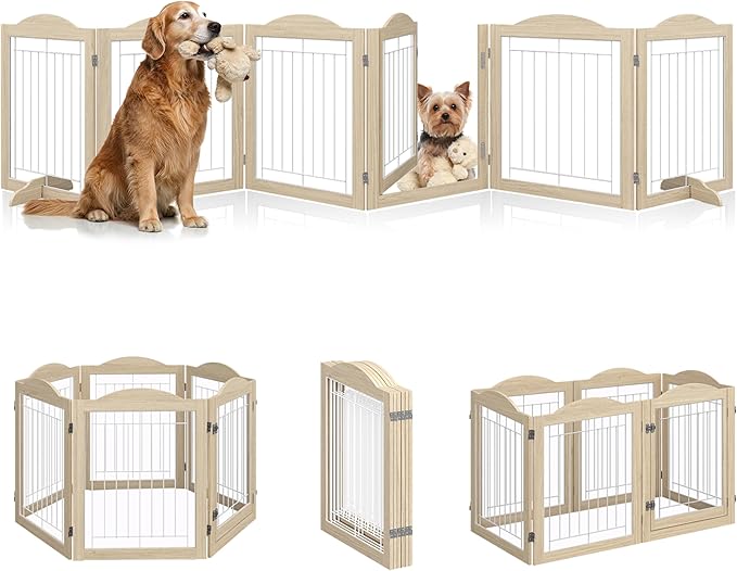 Vantas Folding No-Assembly Dog Door Pet Gate 144" Wide, 30" Tall Wooden Dog Gate with Door Walk Through, Freestanding Wire Safety Fence for Puppies, with 2PCS Support - Natural White