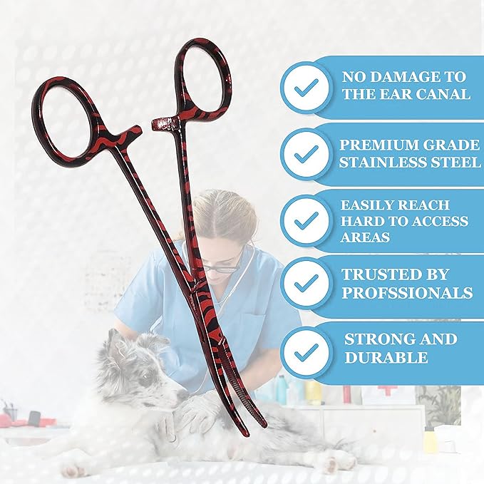 Dog Pet Ear/Nose Hair Puller Grooming Hemostat Locking Forceps Curved Pliers, 5.5" (14cm) Full Serrated Clamps Stainless Steel (Red Candy Swirls)