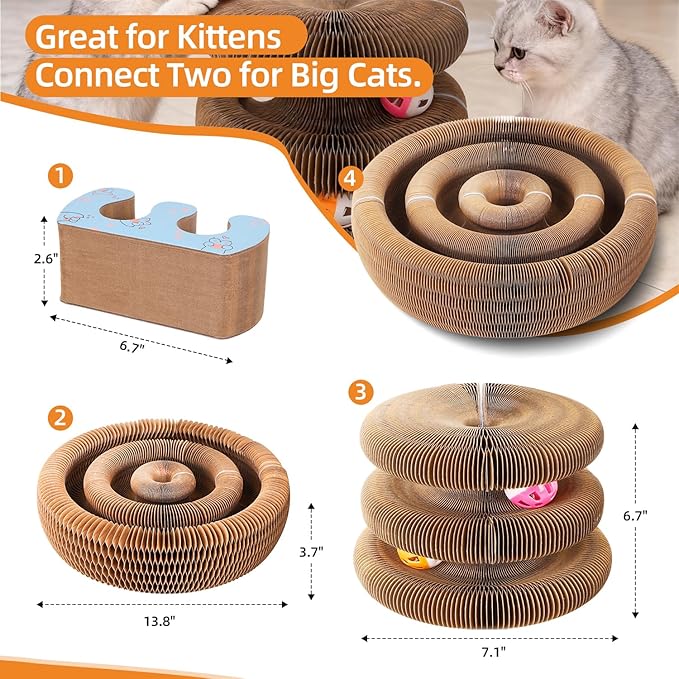 Upgraded Double Layer Accordion Cardboard Cat Toy, 2 Pack Connectable Magic Organ Cardboard Cat Scratcher with Cat Toy Ball Track for Kitten Kitty, Interactive Cats Ball Toy for Indoor Cats
