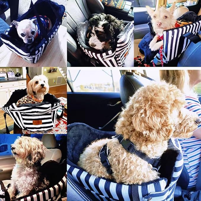 Dog Car Seat for Small Dogs Under 15 lbs – Center Console Pet Carrier with Safety Belt, Storage Pockets, Removable Washable Cover – B&W Stripes, Secure & Comfortable for Small Puppies/Cats