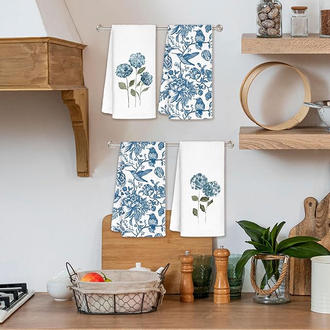Blue Hydrangea Chinoiserie Floral Kitchen Towels Set of 2 - Summer Flowers Decorative Hand Towels for Bathroom, Blue Hydrangea Gifts, 16x24