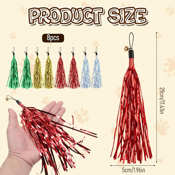 8Pcs Cat Wand Toy Replacement with Bell Metallic Foil Tassel, 9Inch Cat Wand Attachments for Most Cats Indoor Cats Interactive Chase Exercise, 4 Colors