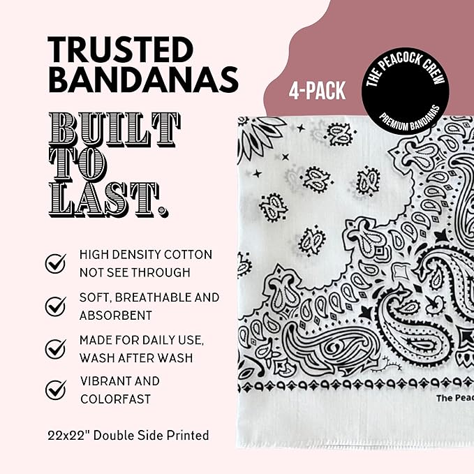 The Peacock Crew Premium Soft Cotton Bandanas Pack for Men and Women Paisley 22 x 22 inches
