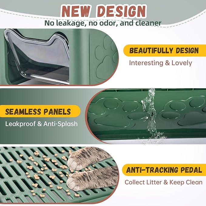 Covered Cat Litter Box with Litter Mat, Foldable Extra Large Dual Entry Adjustable Door, Drawer Design Enclosed Kitty Litter Box, Odor Control Anti-Splashing Easy Cleaning (Green)