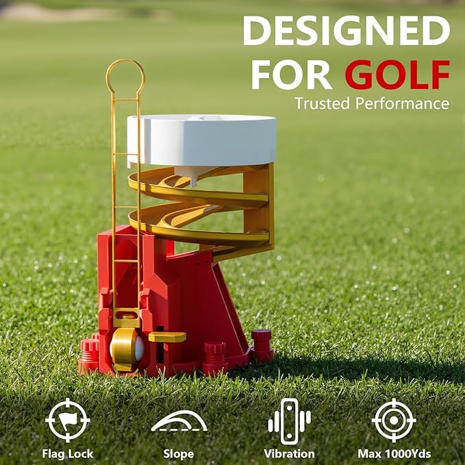 Golf Ball Dispenser, Golf Ball Launcher Pro, Automatic Golf Ball Dispenser & Launcher Pro, High-Capacity Hands-Free Practice Machine, Funnel Included(Gold+Red+White)