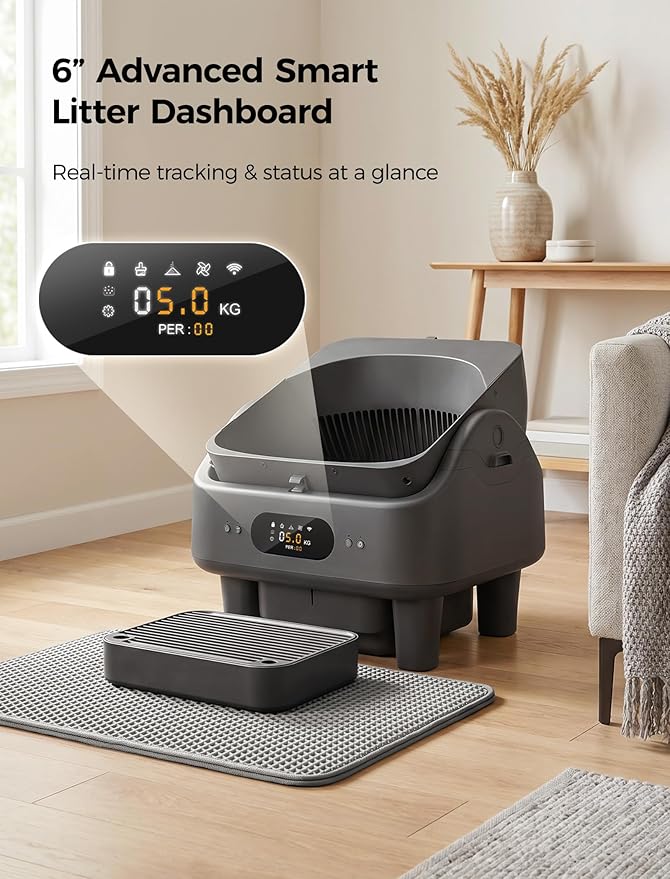 Automatic Litter Box, Cypcat Smart Self Cleaning Cat Litter Box Anti-Pinch, 10 Safety Sensors, Large Cat Litter Boxs for Multiple Cats, 5G & 2.4G WiFi, 6" LED Display, Odor Control Robot, Grey