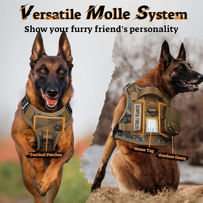 rabbitgoo Tactical Dog Harness for Large Dogs No Pull Adjustable Military Vest with Handle MOLLE Reflective Heavy Duty Dog Vest for Walking Training Hunting Outdoor Medium Size Dog Desert Camo M
