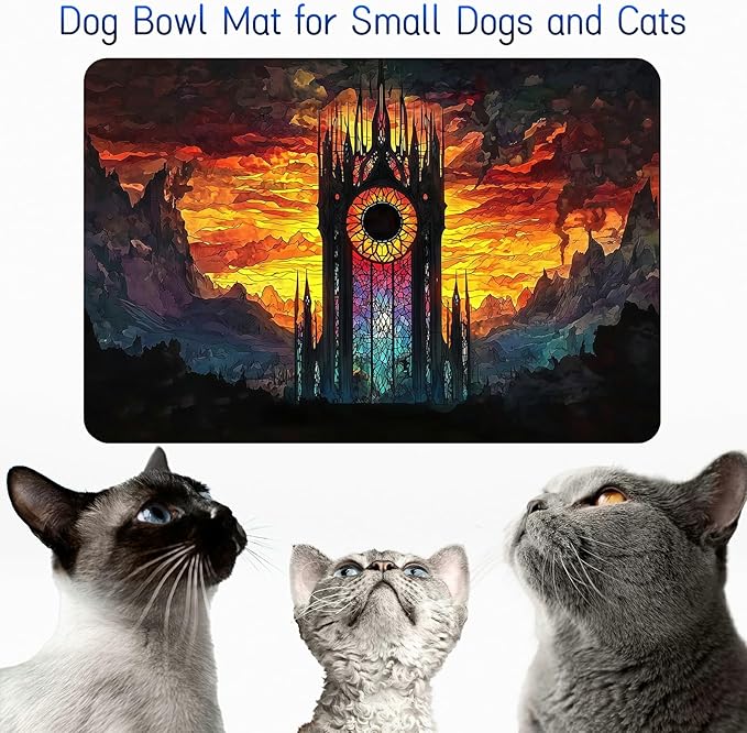 Dog Food Mat, 19.6" x 23.6" Absorbent Pet Feeding Mat for Food and Water, Waterproof Diatom Mud Pet Placemat with Non-Slip Rubber Backing, Cat Bowl Mat for Floors - Sunset Mountain Range