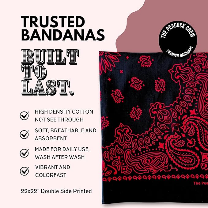 The Peacock Crew Premium Soft Cotton Bandanas Pack for Men and Women Paisley 22 x 22 inches
