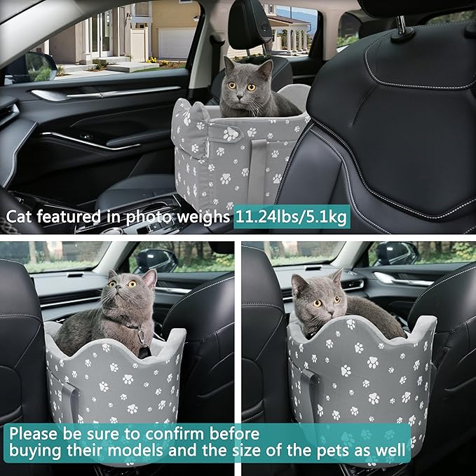 Center Console Dog Car Booster Seat for Small Dogs 0-15 lbs - Grey Pet Travel Carrier Safety Leash, Detachable Seat Belt & Storage Pockets