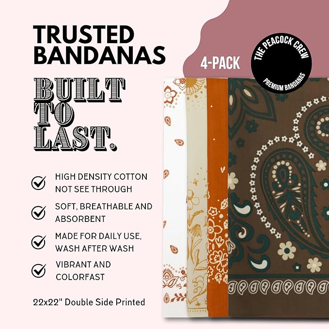 The Peacock Crew Premium Soft Cotton Bandanas Pack for Men and Women Paisley 22 x 22 inches
