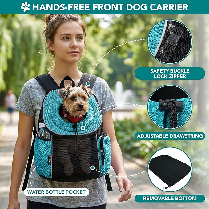 PetAmi Dog Carrier Backpack, Hands Free Front Pet Carrier for Small Medium Cats Puppies, Adjustable Ventilated Reflective Pet Travel Bag for Hiking Camping Biking Walking, Up to 14 lbs, Teal Blue