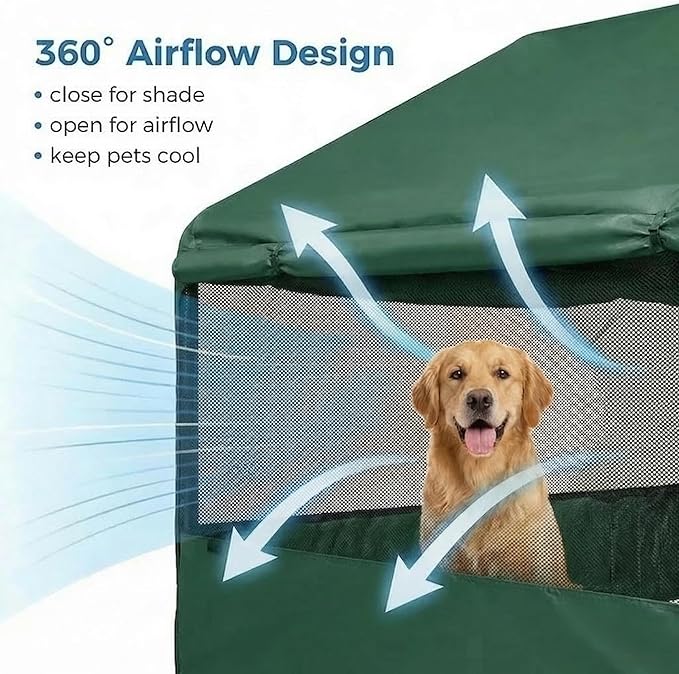 Dog Tent House Outdoor Shade 4'x4'x3' Shelter for Large Medium Pets,Outside Sun Rain Waterproof Canopy with Three-Sided Breathable Mesh Windows,Livestock House with Ground Nails,Deep Green