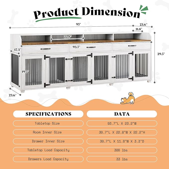 AMERLIFE 95" Large Dog Crate Furniture, Multi-Functional TV Stand with Storage Drawers & Removable Divider for Medium/Large Dogs, White Barnwood