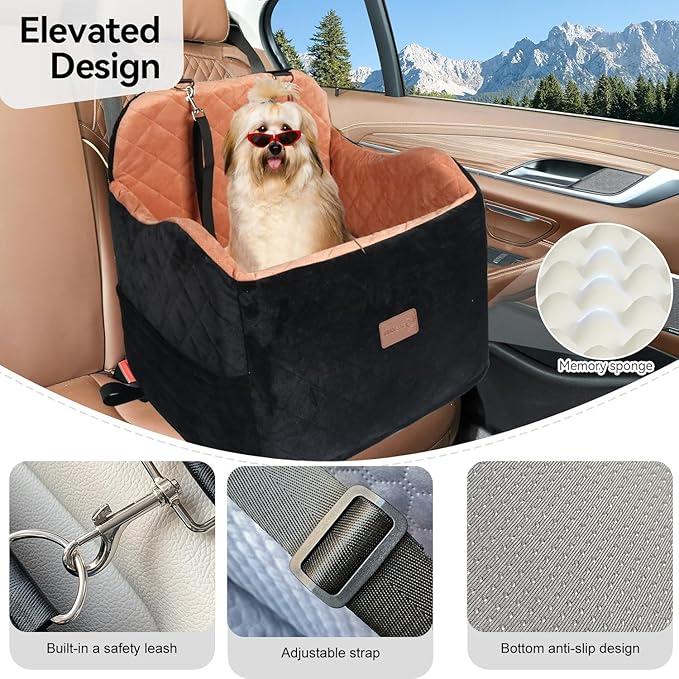 Juniverse Dog Booster Car Seat for Small to Medium Dogs Up to 30 lbs, Memory Foam, Washable Velvet Fabric Cover, Safety Leash, Storage Pockets, 19x19x19 Inches (Black/Tan)