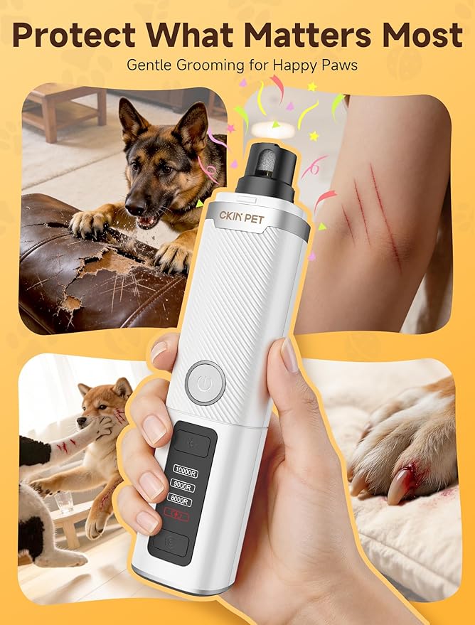 Dog Nail Grinder, Quiet Electric Dog Nail Trimmer with 2 LED Lights, 3-Speed Pet Nail Grinder for Dogs & Cats, Rechargeable 2000mAh Nail Grinder for Small Medium Large Dogs with Light, White