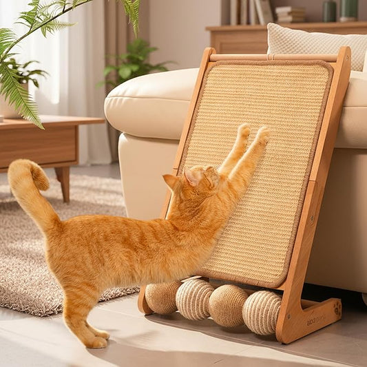 CHEERHOME PETS Sisal Cat Scratcher Ramp with Balls, 24.8" L Shape Cat Scratching Post Climbing Scratch for Indoor Cats, Solid Wooden Cat Furniture(Large)
