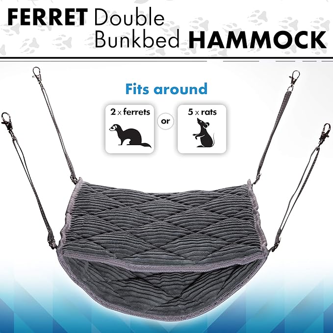 Ferret Hammock for Cage - Plush Double Bunk Bed Hanging Clips - Perfect for 2 or More Small Pets! (Rats, Ferrets, Hamsters, Guinea Pigs, Chinchillas & Squirrels) - Grey