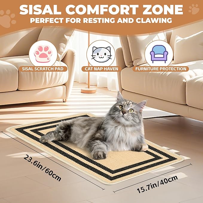 Cat Scratcher Mat, Natural Sisal Cat Scratch Pad, 23.6x15.7 Inch Horizontal Cat Floor Scratching Pads Rug with Hook & Loop to Protect Couch & Carpets & Sofas（Beige Black）