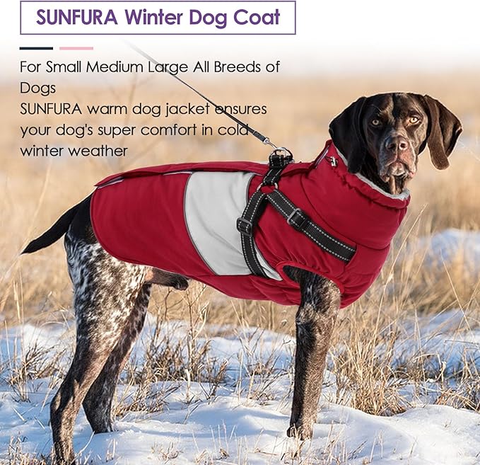 Dog Coat, XXL Dog Jacket Winter with Harness Built in, Waterproof Pet Snow Jacket with Furry Collar for Chilly Day, Reflective Fleece Snowsuit for Extra Large Dogs, Burgundy 2XL