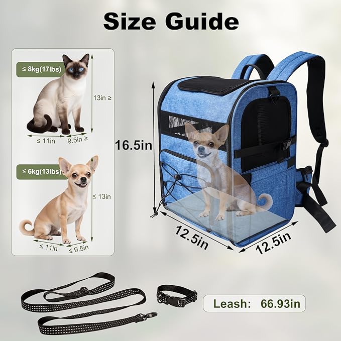 Dog Carrier Backpack for Small Dogs - Breathable Mesh Hiking Bag with Safety Buckle, Adjustable Straps and Standard Pad - Durable for Hiking (Fits Small Cats Too, Up to 17lbs, Blue)