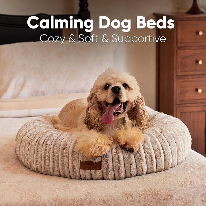 FUKUMARU Small Dog Bed, Gradient Color Donut Dog Beds for Anxious Puppies, 25 inches Calming Orthopedic Dog Beds, Round Pet Beds with Washable Cover, Cute Cat Bed for Indoor Cats, Camel