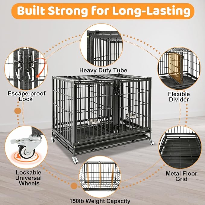 Homey Pet 43 Inch 2 Tiers Dog Crate Cage Kennel with Divider, Stackable Heavy Duty Dog Crate for Large Dogs, Escape Proof Indestructible Dog Kennel Indoor with Removable Tray, Lockable Wheels(2 Packs)