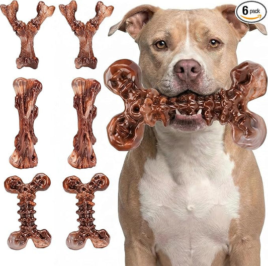 Kseroo Indestructible Dog Toys for Aggressive Chewers: 6-Pack Bacon Flavored Hard Nylon Dog Chew Toys for Medium & Large Dogs(25-90lbs), Tough Super Chewer Dog Bones Toys to Keep Them Busy, Brown