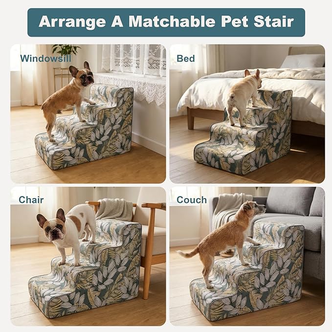 4-Step Dog Stairs for Bed & Couch 18" H, Extra Long Dog Steps for Bed with 30D Foam, Country Style Pet Stairs for Small Dogs and Older Cats, Blue Yellow