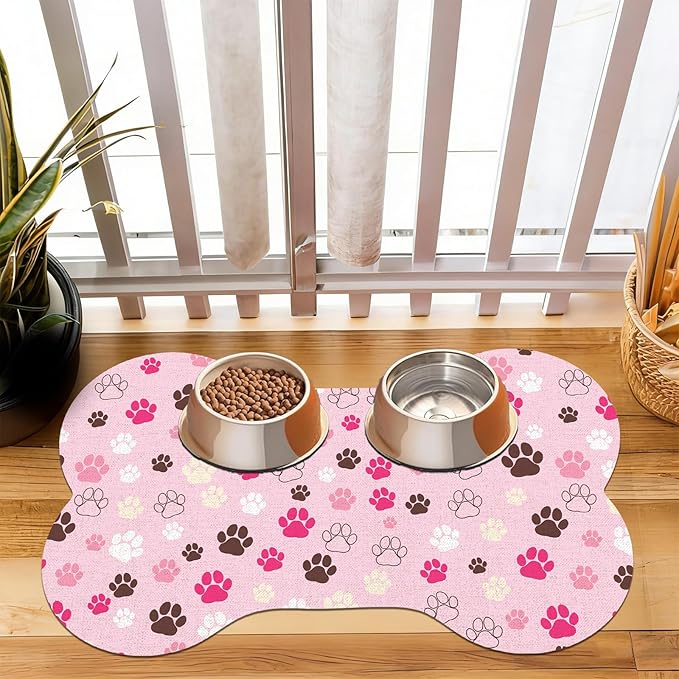 Pet Dog Cat Food Mat, Absorbent Bone Shaped Dog Bowl Mats for Food and Water, Non Slip Cute Dogs Cat Placemats Feeding Mat with Rubber for Floors Indoor Puppy Pet Accessories Supplies 12"x20" Pink