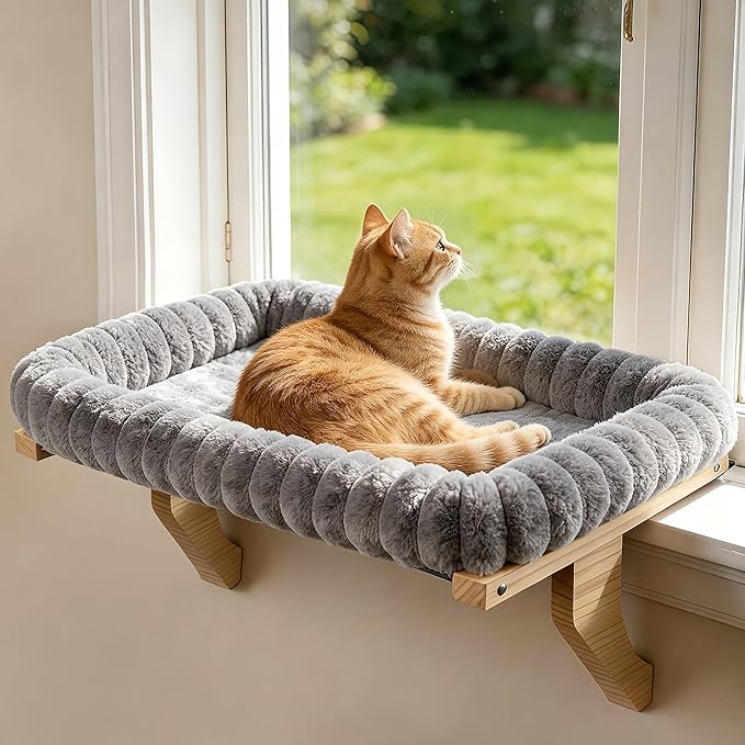 Zoratoo Cloud-Cuddle Cat Perch for Window Sill with Bolster, Natural Wood & Metal Frame Cat Window Seat for Large Cats, Easy to Adjust Zipper Cushion Pet Bed for Windowsill (Large, Gray)