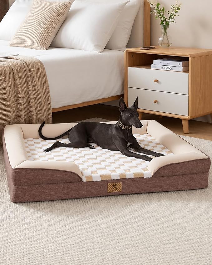 KSIIA Waterproof Dog Bed Orthopedic for Large Senior Dog Couch with Sides, Extra Thick Supportive Pet Bed Sofa with Soft Plush Cover and Non-Slip Bottom, 44 x 32 Inch, Brown