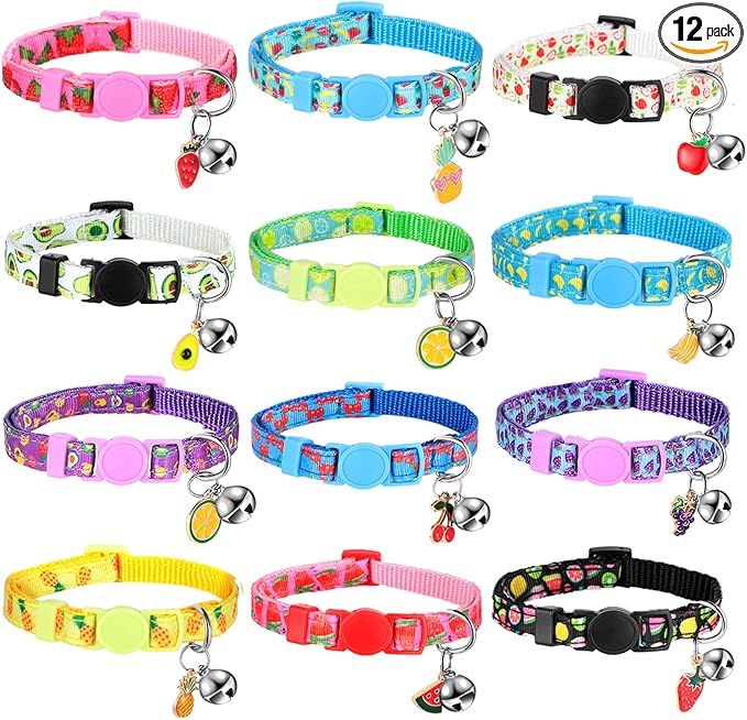 Frienda 12 Pcs Spring Summer Breakaway Cats Collars Girl Cat Safety Adjustable Collars with Bell and Summer Fruit Patterns Pendants Set for Pets Decoration(Medium)