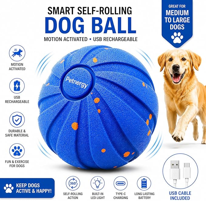Interactive Dog Ball for Medium Dogs, Smart Automatic Rolling Ball for Dogs, Interactive Dog Toys & Enrichment Toy for Puppies and Active Dogs